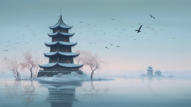 亭台楼阁风雪天古亭飞鹤水墨画,插画/手绘图,插画/手绘图库,插画/手绘图下载,插画/手绘